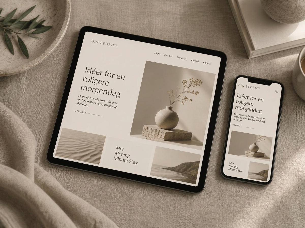 Eksempel på hvordan et design tilpasser seg nettbrett og mobil